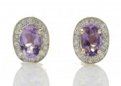 9ct Yellow Gold Amethyst and Diamond Halo Earring 0.18 Carats