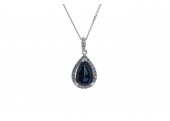 18ct White Gold Pear Shape 2.35 Carats Sapphire Set In A Diamond Halo Pendant