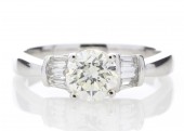 18ct White Gold Single Stone Diamond Ring With Baguette Set Shoulders 1.26 Carats