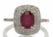 14ct White Gold Oval Ruby And Diamond Cluster Diamond Ring 0.33 Carats