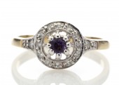 9ct Yellow Gold Round Cluster Claw Set Diamond Amethyst Ring 0.21 Carats