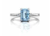 9ct White Gold Diamond And Blue Topaz Emerald Cut Ring 0.04 Carats