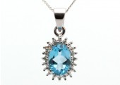 9ct White Gold Diamond And Blue Topaz Cluster Pendant 0.01 Carats