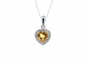 9ct White Gold Citrine Heart Shape Diamond Pendant 0.10 Carats