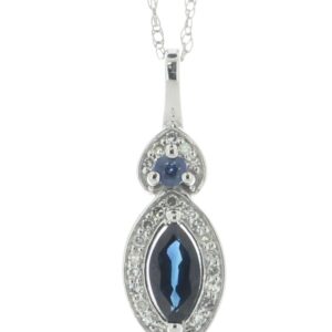 14ct White Gold Marquise Cluster Diamond And Sapphire Pendant And Chain 0.08