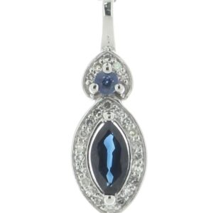 14ct White Gold Marquise Cluster Diamond And Sapphire Pendant And Chain 0.08