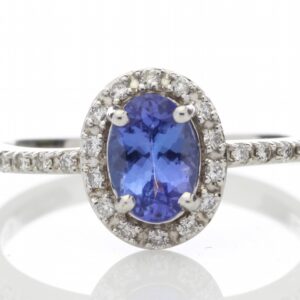 18ct White Gold Diamond And Tanzanite Halo Setting Ring 0.15 Carats