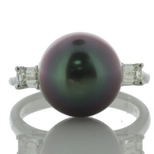 18ct White Gold South Sea Pearl And Baguette Cut Diamond Ring 0.41 Carats