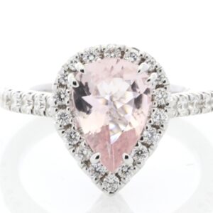 18ct White Gold Pear Shape Pink Morganite Halo Set Diamond Ring 0.56 Carats