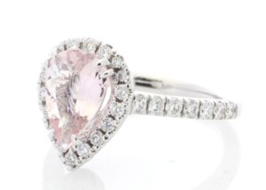 18ct White Gold Pear Shape Pink Morganite Halo Set Diamond Ring 0.56 Carats