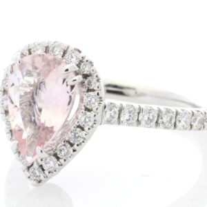 18ct White Gold Pear Shape Pink Morganite Halo Set Diamond Ring 0.56 Carats