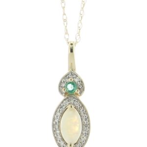 14ct Yellow Gold Marquise Cluster Diamond And Opal Pendant And Chain 0.08