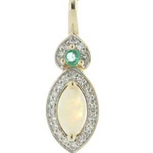 14ct Yellow Gold Marquise Cluster Diamond And Opal Pendant And Chain 0.08