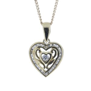 9ct Yellow Gold Heart Pendant Set With Diamonds With Centre Heart and Swirls 0.18 Carats