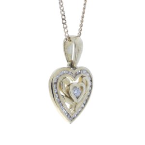 9ct Yellow Gold Heart Pendant Set With Diamonds With Centre Heart and Swirls 0.18 Carats