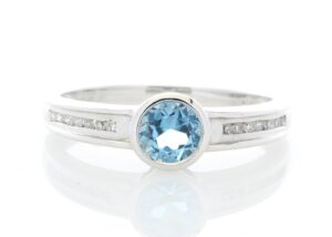 9ct White Gold Channel Set Semi Eternity Diamond Blue Topaz Ring 0.10 Carats