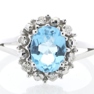 9ct White Gold Blue Topaz Diamond Cluster Ring 0.04 Carats