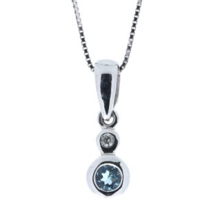 9ct White Gold Single Stone Rub Over Set Diamond Blue Topaz Pendant 0.02 Carats