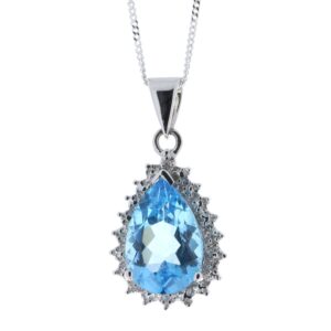 9ct White Gold Diamond And Blue Topaz Pendant 0.01 Carats