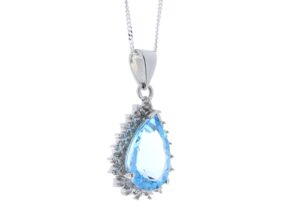 9ct White Gold Diamond And Blue Topaz Pendant 0.01 Carats