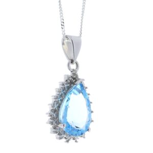 9ct White Gold Diamond And Blue Topaz Pendant 0.01 Carats