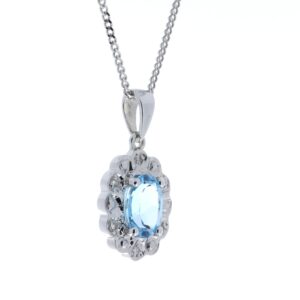 9ct White Gold Fancy Cluster Diamond Blue Topaz Pendant 0.02 Carats