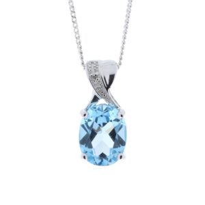 9ct White Gold Diamond And Blue Topaz Pendant 0.01 Carats