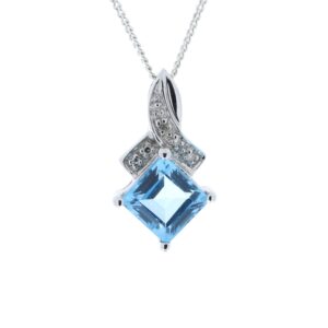 9ct White Gold Diamond And Blue Topaz Pendant 0.02 Carats