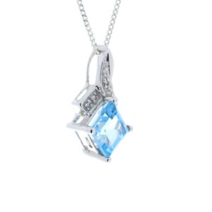 9ct White Gold Diamond And Blue Topaz Pendant 0.02 Carats