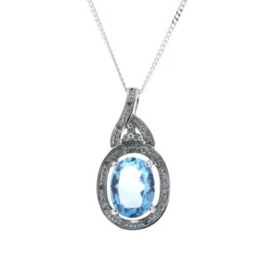 9ct White Gold Diamond Blue Topaz Pendant 0.05 Carats