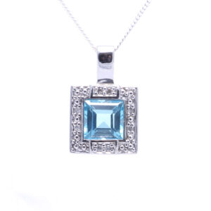 9ct White Gold Blue Topaz Diamond Cluster Pendant 0.04 Carats