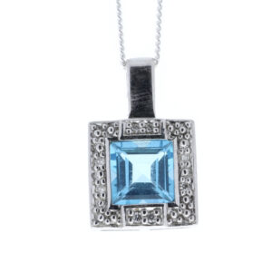 9ct White Gold Blue Topaz Diamond Cluster Pendant 0.04 Carats