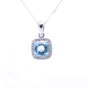 9ct White Gold Blue Topaz And Diamond Pendant 0.12 Carats