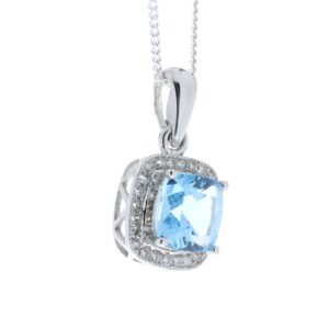 9ct White Gold Blue Topaz And Diamond Pendant 0.12 Carats