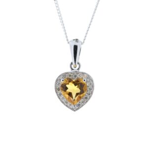 9ct White Gold Citrine Heart Shape Diamond Pendant 0.10 Carats