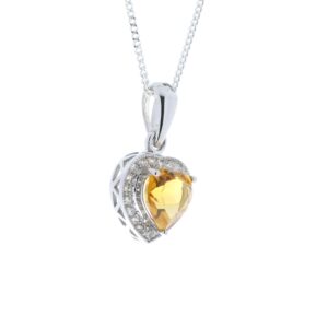 9ct White Gold Citrine Heart Shape Diamond Pendant 0.10 Carats