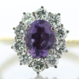 18ct Yellow Gold Oval Cluster Claw Set Diamond And Amethyst Ring (A1.28) 1.00