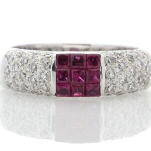 18ct White Gold Grain Set Semi Eternity Diamond And Ruby Ring (R 0.53) 0.49 Carats