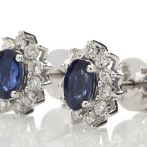 18ct White Gold Oval Cluster Claw Set Diamond And Sapphire Earring (S 1.33) 0.62 Carats