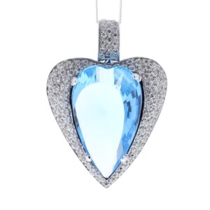 18ct White Gold Single Stone Heart Cut Diamond And Blue Topaz Pendant 1.10 Carats