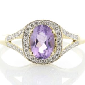 9ct Yellow Gold Amethyst And Diamond Halo Set Ring 0.21 Carats