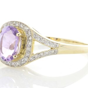 9ct Yellow Gold Amethyst And Diamond Halo Set Ring 0.21 Carats