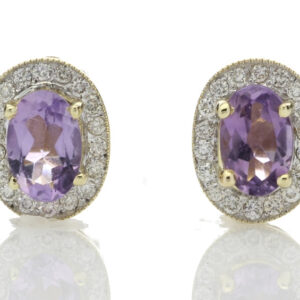 9ct Yellow Gold Amethyst and Diamond Cluster Earring 0.18 Carats