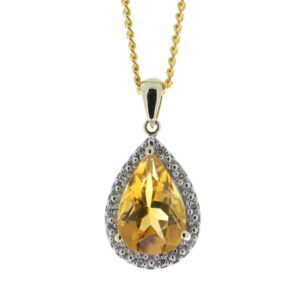 9ct Yellow Gold Citrine ring Diamond Cluster Pendant 0.08 Carats