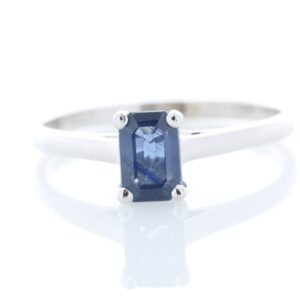 9ct White Gold Single Stone Emerald Cut Sapphire Ring 0.58