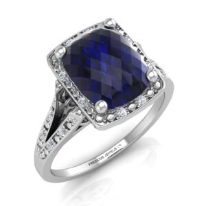 9ct White Gold Cushion Cluster Diamond And Created Ceylon Sapphire Ring 0.11 Carats