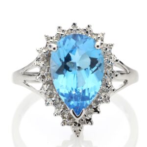 9ct White Gold Diamond And Blue Topaz Ring 0.01 Carats