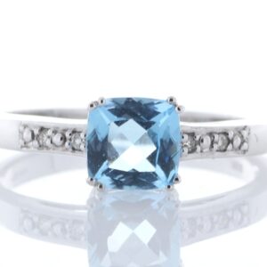 9ct White Gold Blue Topaz Diamond Ring 0.03 Carats