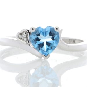 9ct White Gold Diamond and Heart Shaped Blue Topaz Ring 0.01 Carats