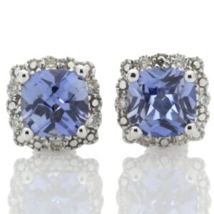 9ct White Gold Created Ceylon Sapphire Diamond Earring 0.08 Carats